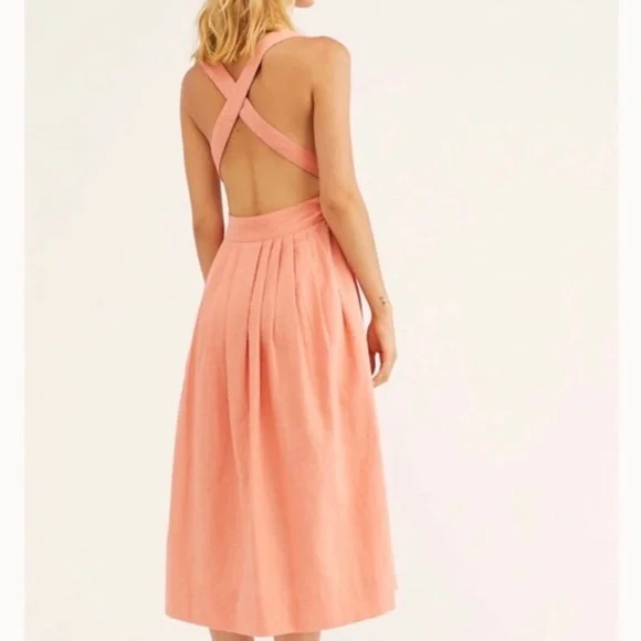 Free People Lula Apron/Pinafore Midi Dress 10 Pink/Peach - Picture 2 of 3